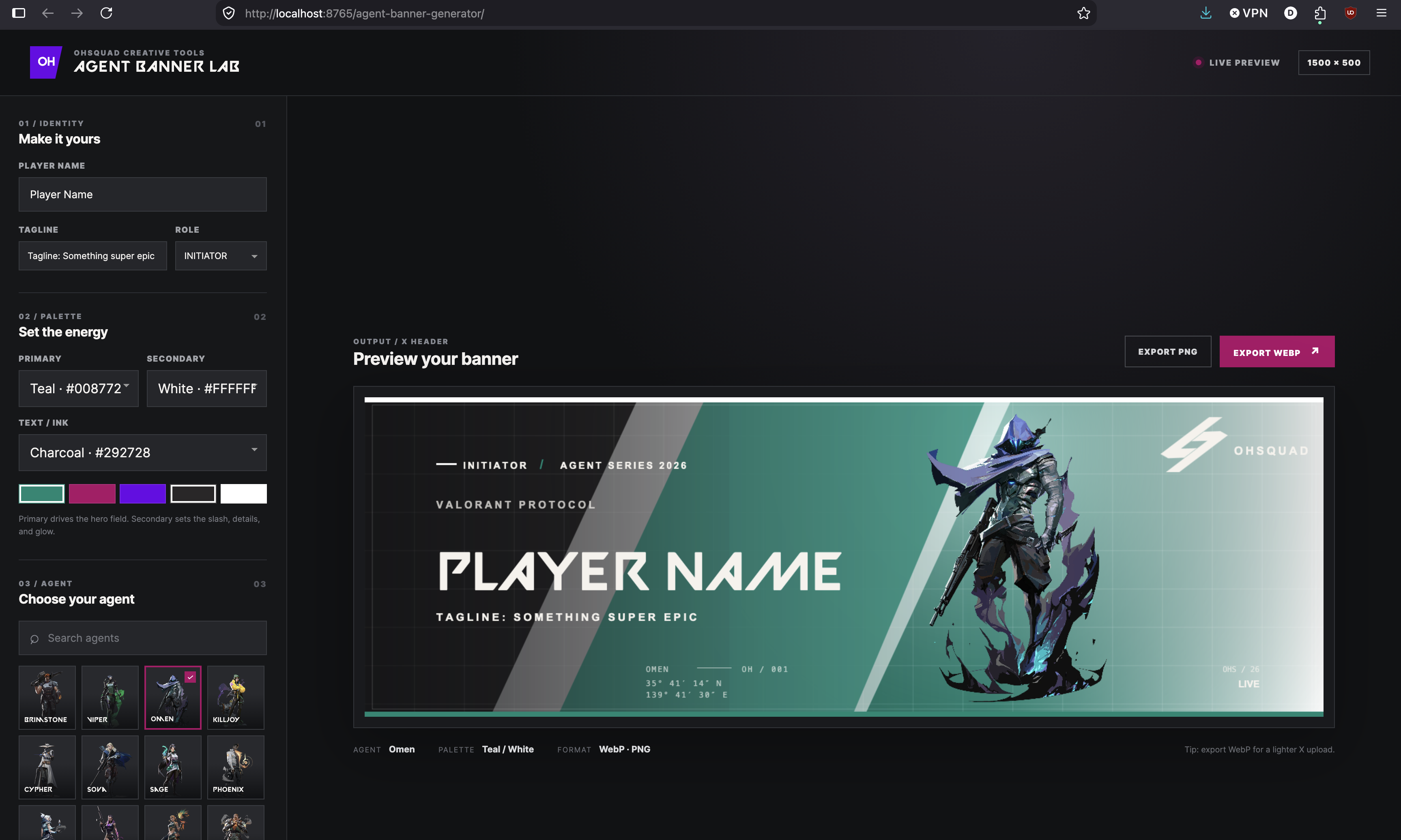 OhSquad Agent Banner Lab showing a VALORANT player banner generator