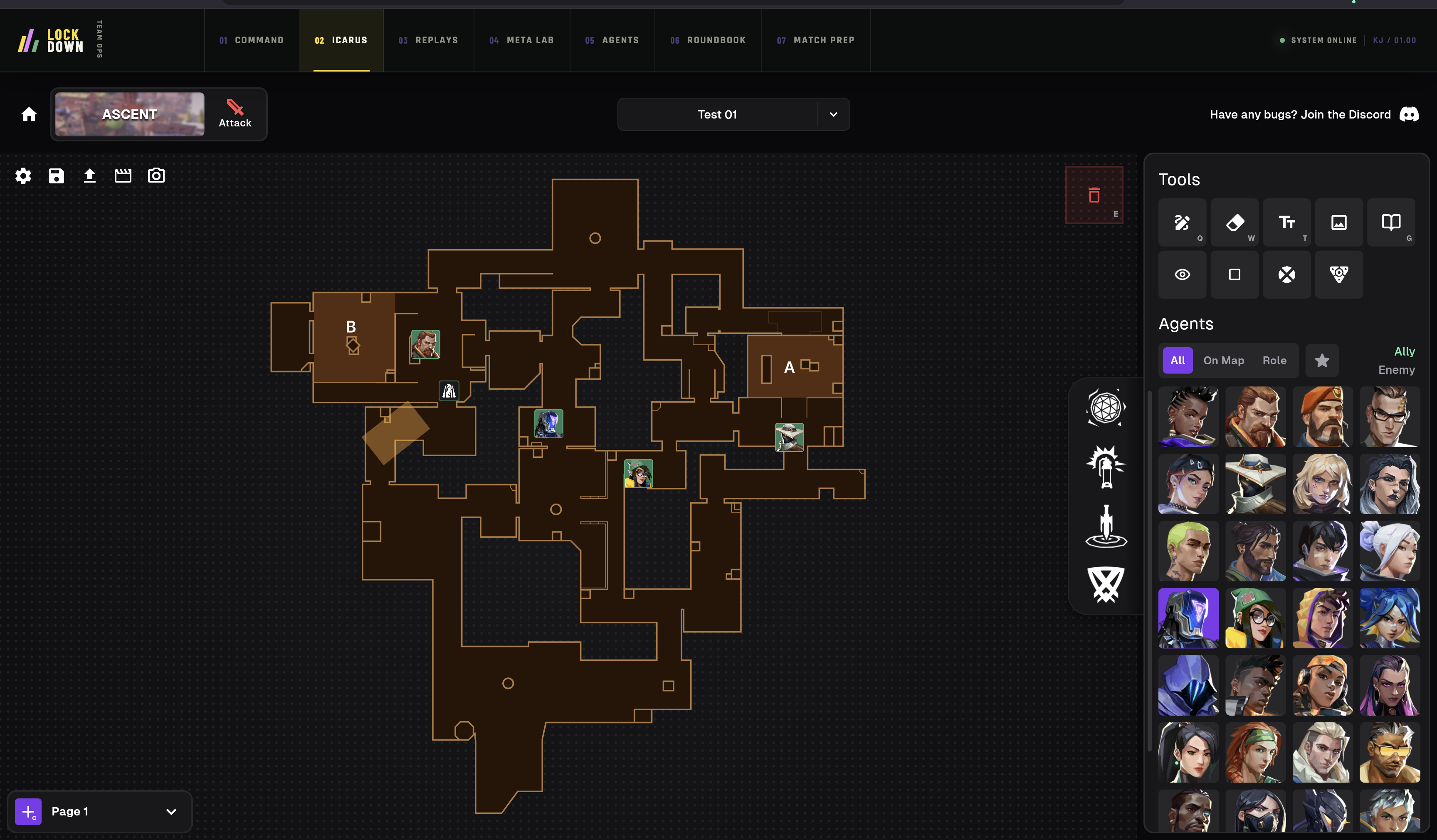 Lockdown strategy board with VALORANT map and agent tools